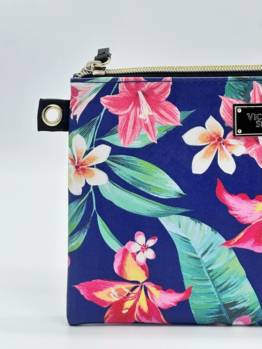 Victoria's Secret Tropical Floral Cosmetic Makeup Bag Clutch Pouch Navy Pink NWT